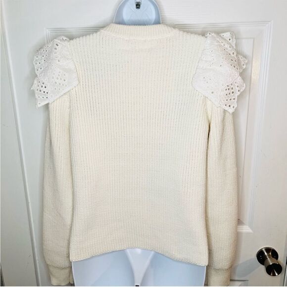 LILLA P Eyelet Ruffle Shoulder Trimmed Crew Neck Ribbed Sweater White Size L - Picture 7 of 11